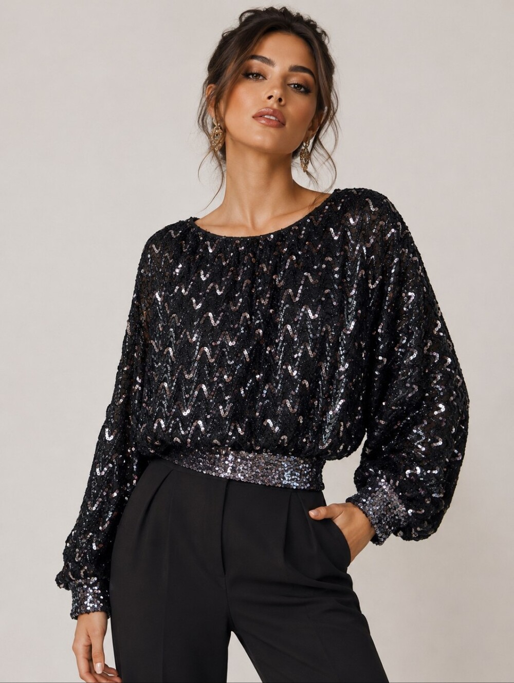 St Martin Vtg 1985 Black Sequin Beaded Dolman Batwing Blouse Balloon Sleeve Glam